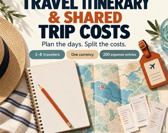 Travel Itinerary Spreadsheet | Group Trip Planner & Shared Expense Split | 2-8 Travelers | XLSX + PDF