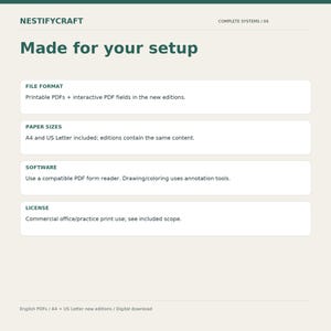 Może przedstawiać: Grafika informacyjna zatytułowana NESTIFYCRAFT COMPLETE SYSTEMS / 04 Made for your setup. Wymienia formaty plik&oacute;w jako drukowalne i interaktywne pliki PDF, rozmiary papieru A4 i US Letter, wymagania dotyczące oprogramowania oraz licencję komercyjną.