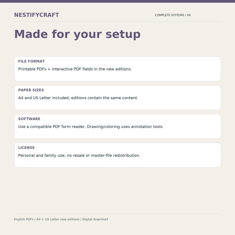 May include: A digital information graphic titled NESTIFYCRAFT Made for your setup. It lists specifications including file format as printable and interactive PDFs, paper sizes as A4 and US Letter, software requirements, and personal use license terms.
