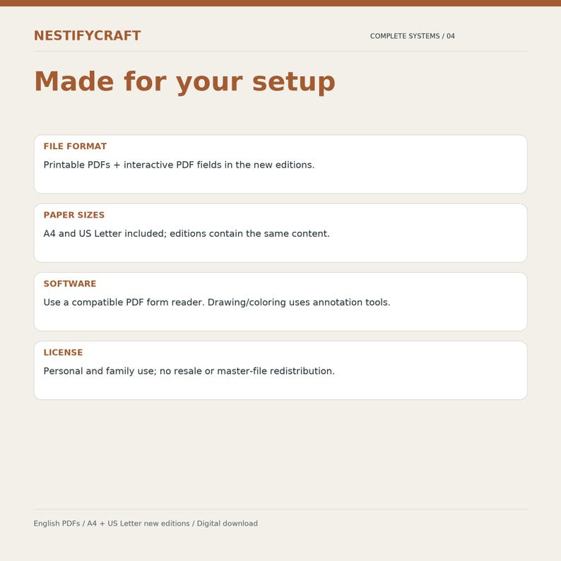 May include: A digital information graphic titled NESTIFYCRAFT Made for your setup. It lists specifications including file format as printable and interactive PDFs, paper sizes as A4 and US Letter, software requirements, and license terms.