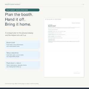 Op de afbeelding: Een digitale documentpagina getiteld Booth brief met secties voor evenementgegevens, locatieafmetingen en een schetsgebied. De tekst bevat Plan the booth. Hand it off. Bring it home. en schetst de stappen voor standoperaties en opbouw.