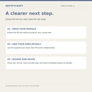 May include: A digital instructional graphic titled NESTIFYCRAFT COMPLETE SYSTEMS / 03. It features the heading A clearer next step and three numbered steps: 01 / OPEN YOUR MODULE, 02 / ADD YOUR OWN DETAILS, and 03 / REVIEW AND REUSE with text.