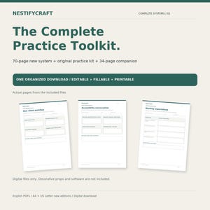 May include: A digital toolkit titled The Complete Practice Toolkit by Nestifycraft. Includes a 70-page system, practice kit, and 34-page companion. Features three sample pages: New client workflow, Accessibility conversation, and Working expectations.
