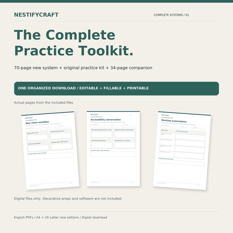 May include: A digital toolkit titled The Complete Practice Toolkit by Nestifycraft. Includes a 70-page system, practice kit, and 34-page companion. Features three sample pages: New client workflow, Accessibility conversation, and Working expectations.