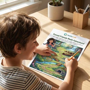 May include: A Forest Friends Math Adventure activity sheet by NestifyCraft featuring a colorful illustrated path through a forest with math problems, a waterfall, and a character, printed on white paper with text and graphics.