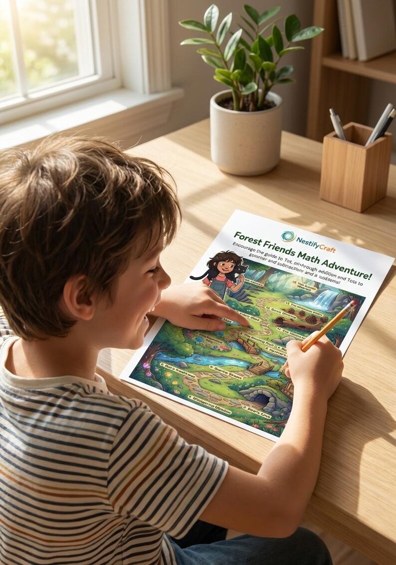 May include: A Forest Friends Math Adventure activity sheet by NestifyCraft featuring a colorful illustrated path through a forest with math problems, a waterfall, and a character, printed on white paper with text and graphics.