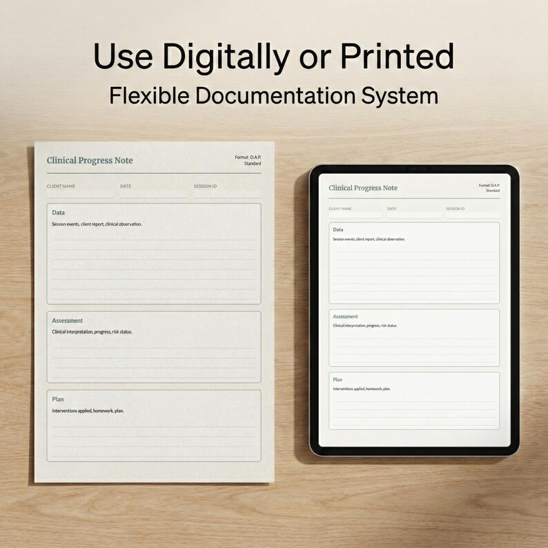 May include: A clinical progress note template displayed on a printed sheet and a digital tablet screen. Both feature sections for Data, Assessment, and Plan, with the text Use Digitally or Printed Flexible Documentation System above.