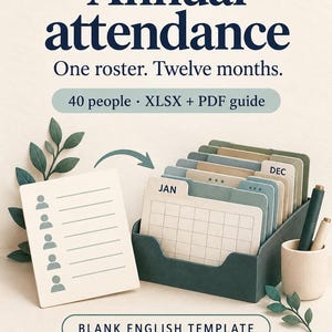 May include: An annual attendance digital template featuring the text 'NESTIFYCRAFTWORLD', 'Annual attendance', 'One roster. Twelve months.', '40 people • XLSX + PDF guide', and 'BLANK ENGLISH TEMPLATE'. Includes a grid-lined file organizer with monthly tabs.