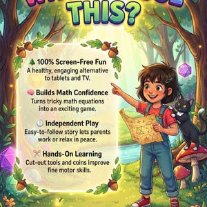 May include: An illustrated advertisement titled WHY CHOOSE THIS? featuring a list of benefits including 100% Screen-Free Fun, Builds Math Confidence, Independent Play, and Hands-On Learning, alongside a character holding a map.