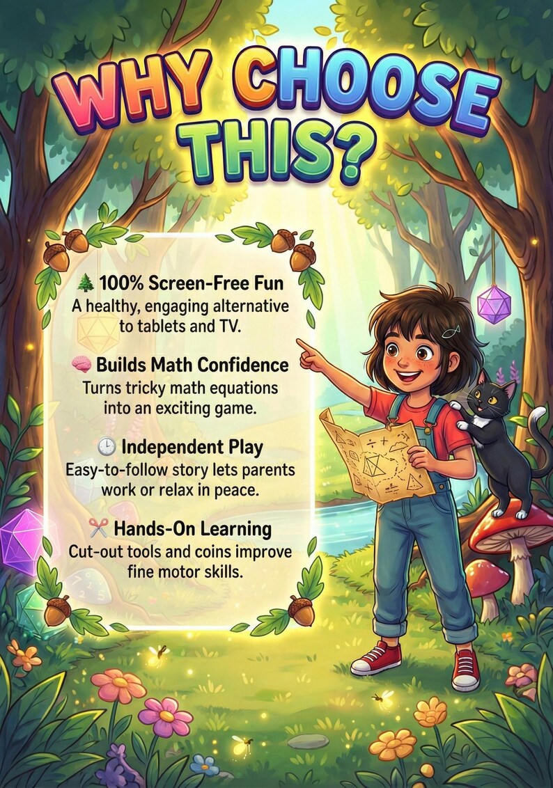May include: An illustrated advertisement titled WHY CHOOSE THIS? featuring a list of benefits including 100% Screen-Free Fun, Builds Math Confidence, Independent Play, and Hands-On Learning, alongside a character holding a map.