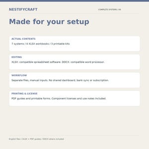 May include: A digital information card titled NESTIFYCRAFT COMPLETE SYSTEMS / 04 Made for your setup. It lists contents including 7 systems, 4 XLSX workbooks, 3 printable kits, editing requirements, workflow details, and printing license information.