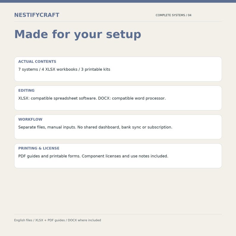 May include: A digital information card titled NESTIFYCRAFT COMPLETE SYSTEMS / 04 Made for your setup. It lists contents including 7 systems, 4 XLSX workbooks, 3 printable kits, editing requirements, workflow details, and printing license information.