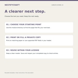 Puede incluir: Un documento informativo de color claro titulado NESTIFYCRAFT COMPLETE SYSTEMS / 03. Presenta el encabezado A clearer next step y tres bloques de instrucciones numerados: 01 / CHOOSE YOUR STARTING POINT, 02 / PRINT OR FILL A PRIVATE COPY y 03 / REUSE WITHIN YOUR LICENSE.