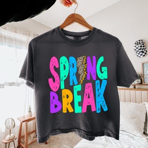 May include: Dark gray t-shirt with the words "SPRING BREAK" in vibrant, colorful letters. The word "SPRING" is in pink, blue, and green, while "BREAK" is in yellow, purple, and blue. A leopard print lightning bolt is in the center.