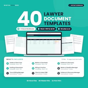 Peut inclure: Un ensemble de produits numériques comprenant 40 modèles de documents juridiques, incluant des fichiers Word, PDF et des classeurs Excel. L'image montre un écran d'ordinateur affichant un registre d'affaires sur un fond bleu sarcelle.