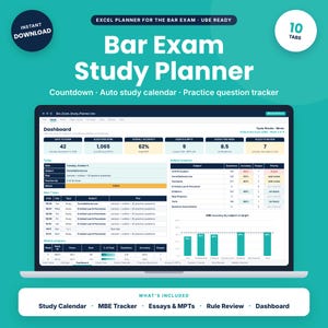May include: A digital Excel Bar Exam Study Planner displayed on a laptop screen. The interface features a dashboard with a countdown, study calendar, and practice question tracker. Text includes Bar Exam Study Planner, 10 Tabs, and What's Included.