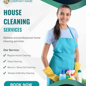 Könnte beinhalten: Werbebild für Hausreinigungsdienste. Das Bild zeigt eine Frau mit blauer Schürze und gelben Handschuhen, die Reinigungsmittel hält. Der Text enthält "HOUSE CLEANING SERVICES" und "BOOK NOW". Der Hintergrund hat ein teal-grünes Design.