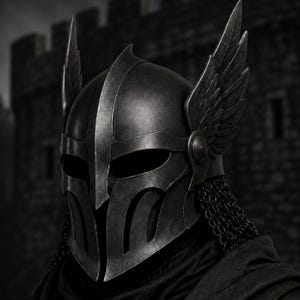 May include: A dark metallic helmet featuring a central ridge, wide eye openings, and prominent wing-shaped attachments on both sides. The helmet includes a chainmail neck guard and is worn over a dark fabric hood and dark armour plating.