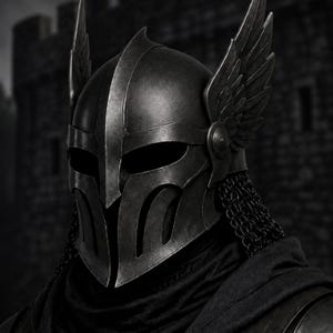 May include: A dark metallic helmet featuring a central ridge, wide eye openings, and prominent wing-shaped attachments on both sides. The helmet includes a chainmail neck guard and is worn over a dark fabric hood and dark armour plating.