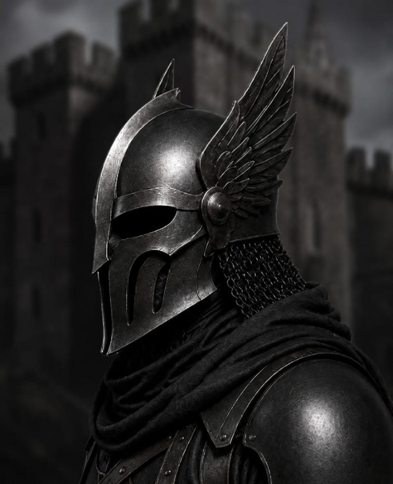May include: A dark metallic helmet featuring a central ridge, a visor with vertical openings, and prominent wing-shaped attachments on the sides. The helmet includes a chainmail neck guard and is worn over a dark fabric cowl and shoulder armour.