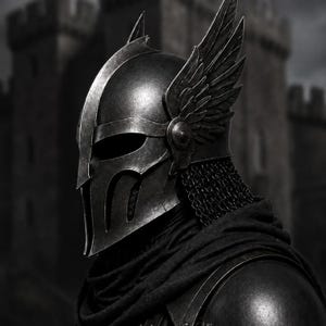 May include: A dark metallic helmet featuring a central ridge, a visor with vertical openings, and prominent wing-shaped attachments on the sides. The helmet includes a chainmail neck guard and is worn over a dark fabric cowl and shoulder armour.