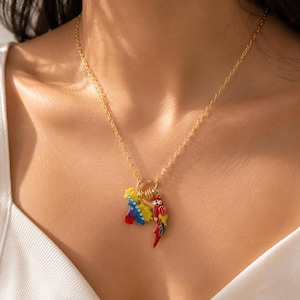 May include: Gold-colored necklace with a charm featuring a colorful parrot and a stylized letter K. The parrot has red, yellow, and blue details. The letter K has yellow, blue, and red accents.