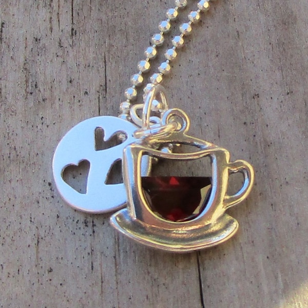 Love, Love, Love Coffee - Tea Sterling Collier sur Sterling Silver Diamond Cut Ball Chain, Cubic Zirconia Coffee-Tea Cup w Brushed Sterling