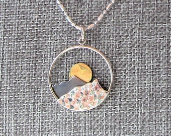 Sterling Silver with Bronze Sun Hiking Mountain Necklace, Two Sizes, Active Outdoors, Larger or Smaller, Everyday Sterling Necklace, Gift