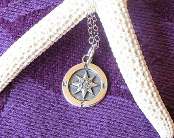 Graduation - Tiny Compass Necklace, Sterling Silver on Sterling Silver Flat Link Chain, Gift, Find Your True North, Travel, New Career