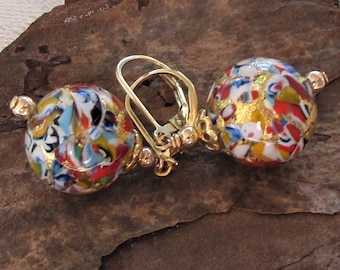 Klimt Colors Murano Gold or Silver Round Earrings on Lever Backs, Gustav Klimt Everyday Earrings, Venetian Glass Beads, Choice of Finish