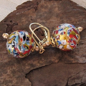 Klimt Colors Murano Gold or Silver Round Earrings on Lever Backs, Gustav Klimt Everyday Earrings, Venetian Glass Beads, Choice of Finish