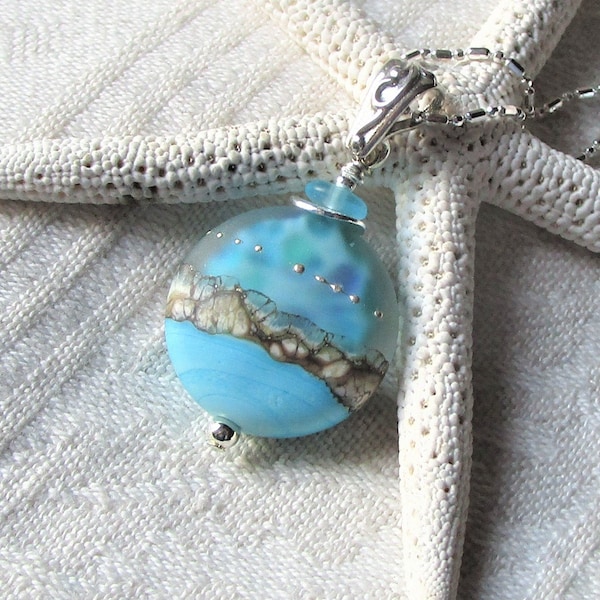 Aqua Waters Lamp Work Bead Necklace, Sea n Sand Necklace on Sterling Chain, Beachy Glass Pendant Necklace, Artisan Bead, Seashore Memories