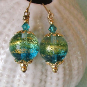 Bright Aqua w Gold Murano Round Earrings on Gold Filled Lever Backs, Special Everyday Perfect Sized Earrings, Venetian Glass Beads, Gift