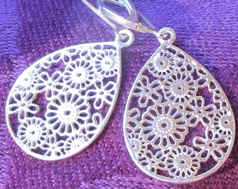 Sterling Silver Filigree Oval Earrings on Sterling Lever Backs - Detailed Earrings, Nature, Beautiful Delicate Earrings, Flowered, Feminine