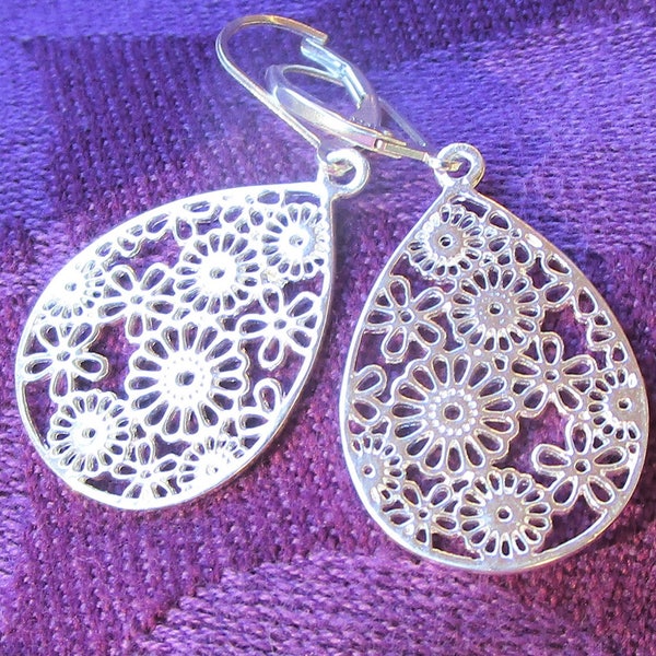 Sterling Silver Filigree Flower Earrings: Delicate Lever Backs
