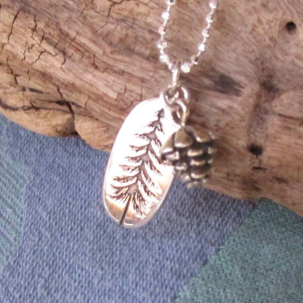 Sterling Silver Pine Tree & Pine Cone Necklace: Nature Lover Gift