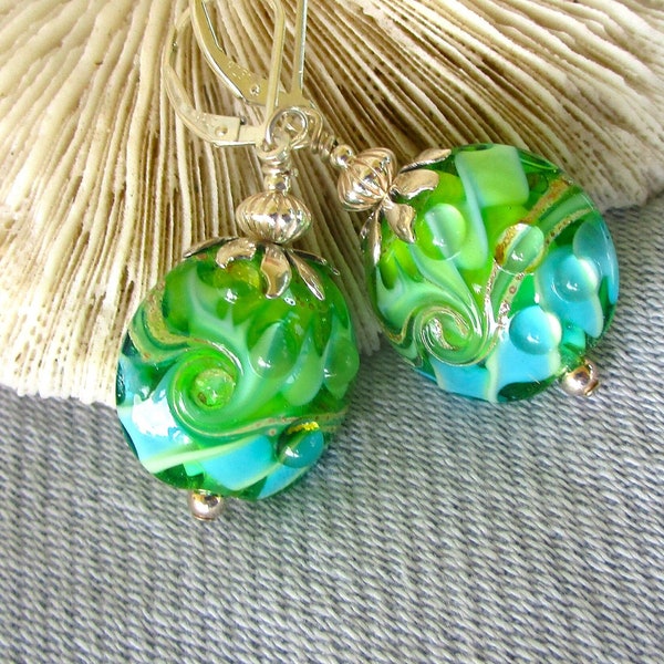 Lime Green n Aqua Multi Colored Lentil Shaped Lampwork Bead Earrings, Beachy Bright Colored Artisan Glass, Sterling Lever Back, Unique, Gift