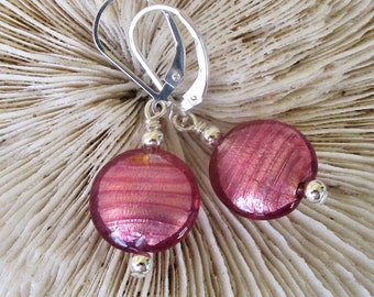 Murano Muted Mauve with White Gold Everyday Earrings, Fallish Colored Earrings, Holiday Disc Beads, Venetian Bead Earrings, Dusty Pink, Gift