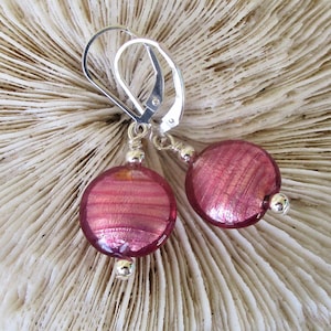 Murano Disc Earrings: Mauve Venetian Beads, Sterling Silver Lever Backs