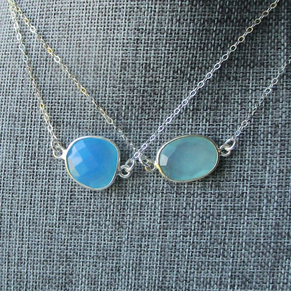 Delicate Layering Aqua Chalcedony Sterling Necklace on a Dainty Flat Link Sterling Chain, Lt Aqua Gemstone Necklace, Beachy, Summery, Gift