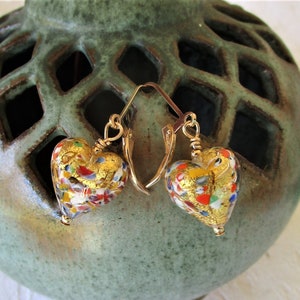 Klimt Many Colors Murano Heart Earrings on Sterling Silver OR Gold Filled Lever Backs, Everyday Perfect Sized Earrings, Venetian Glass Beads