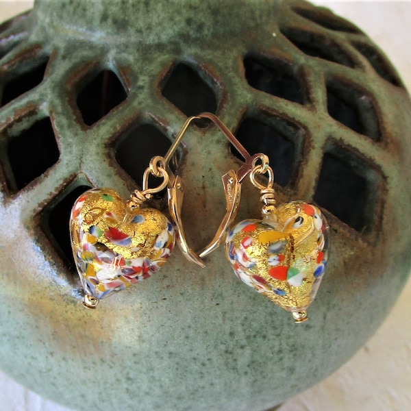 Klimt Many Colors Murano Heart Earrings on Sterling Silver OR Gold Filled Lever Backs, Everyday Perfect Sized Earrings, Venetian Glass Beads