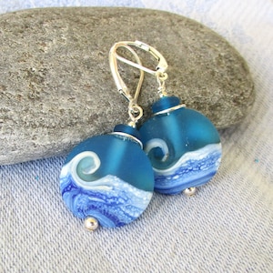 Lampwork Wave Bead Earrings: Aqua Blue Sterling Silver Leverbacks