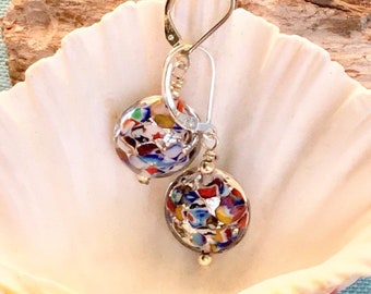 Murano Venetian Glass Blue /& Gold Round Beads Gold Filled French Hook Earrings