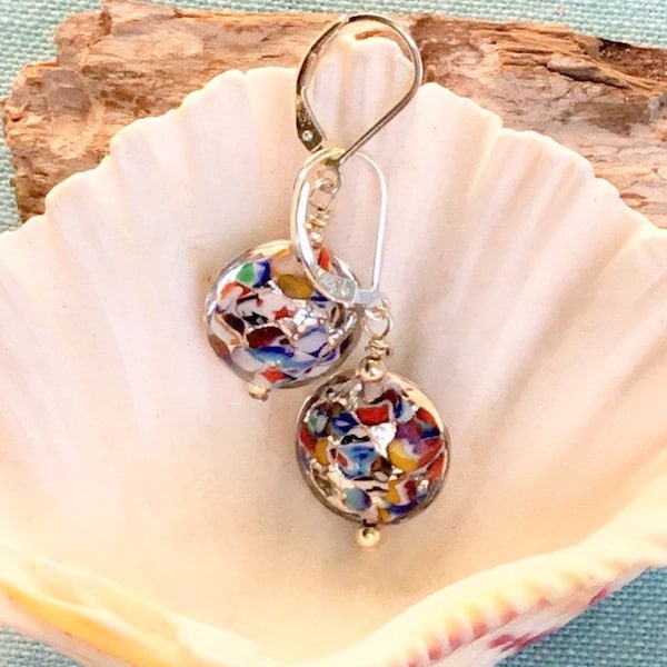 Klimt Many Colors Murano Disc Earrings on Sterling Silver OR Gold Filled Lever Backs, Everyday Perfect Sized Earrings, Venetian Glass Beads