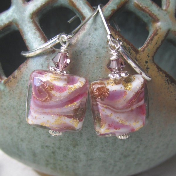 Murano Mauvy Pink Square Earrings on Sterling Leverbacks, Swirls of Beige, Specks of Gold in Small Pink Venetian Bead Earrings, Casual, Gift