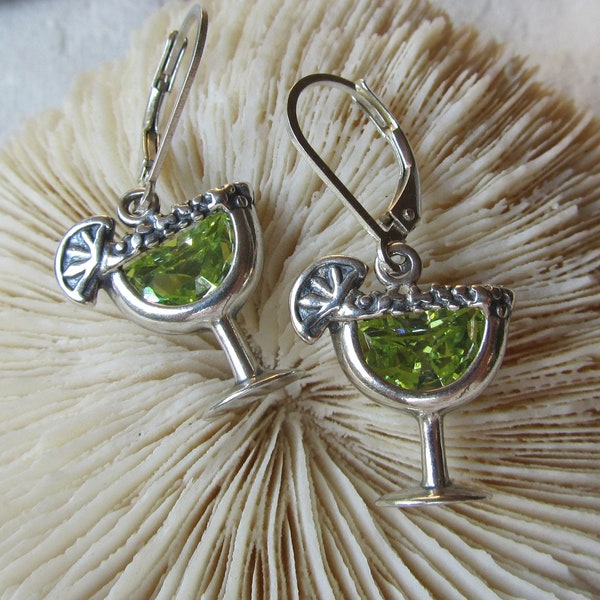 Cinco de Mayo, Margarita Earrings with Cubic Zirconia on Sterling Leverbacks, Novelty Drinks like Margaritas all Sterling, Fun Earrings