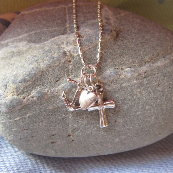 All Sterling Silver Faith, Hope, and Love Charms on Delicate Sterling Chain Necklace, Anchor, Cross, and Heart, Confirmation Gift, Communion
