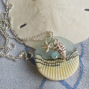 Aqua Lampwork Necklace: Sterling Starfish Charm, Seashell Bauble
