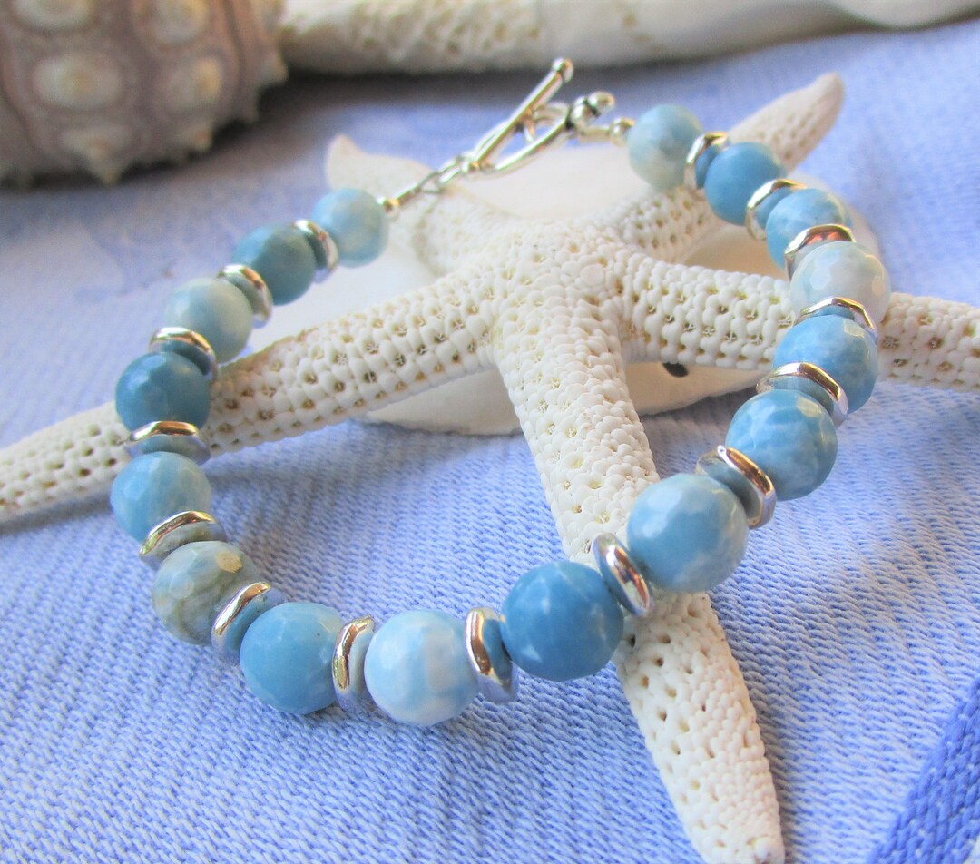 Larimar Toggle Bracelet, Ocean Blue Natural Larimar Beads, Faceted ...